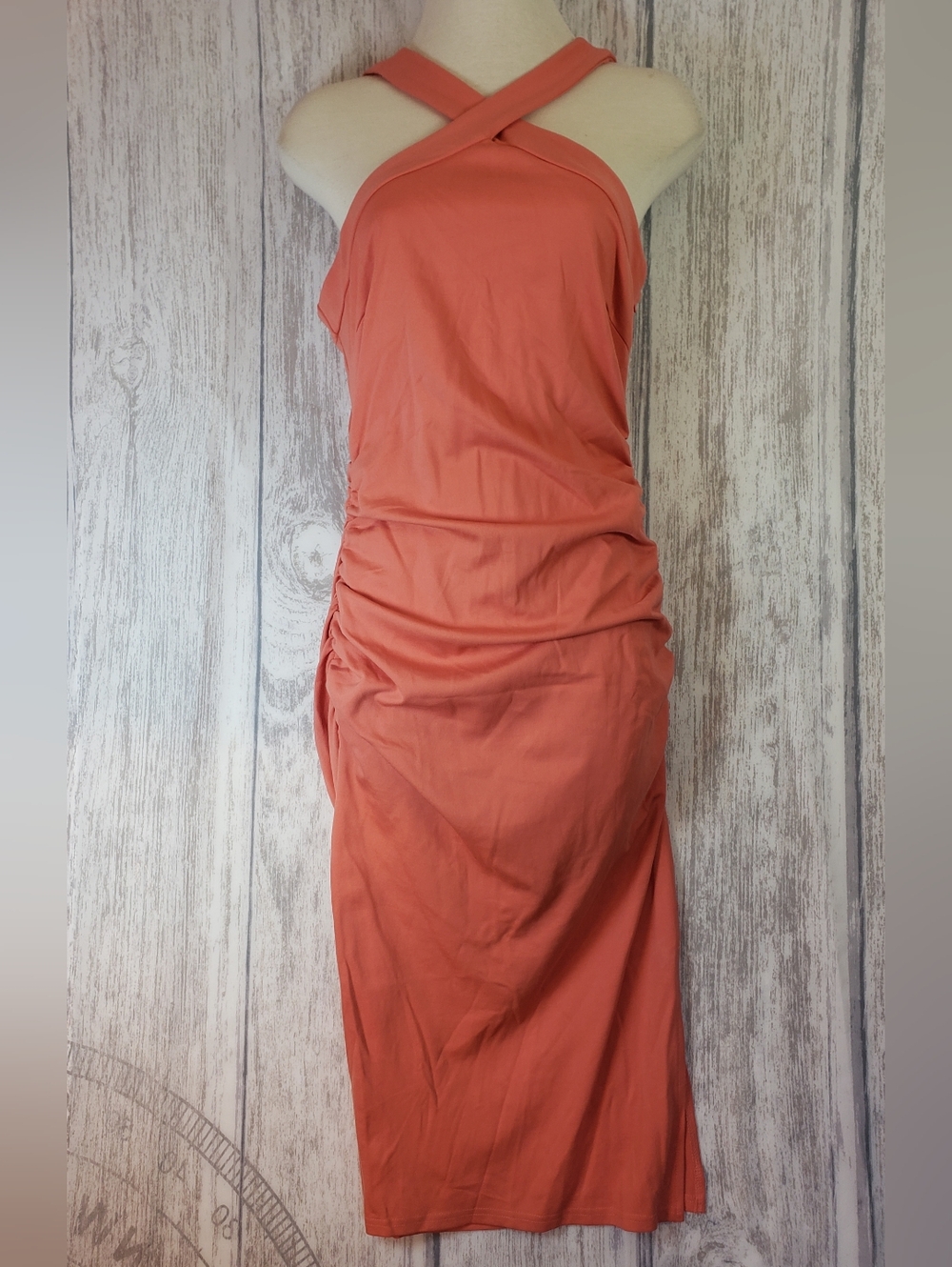 Grace Karin Peach Draped Crisscross Neck Ruched Midi Dress Sz Small Stretchy NWT